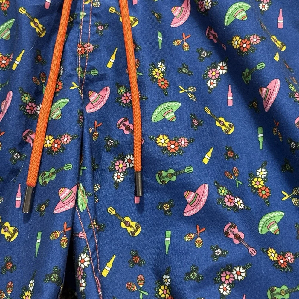 Beach Bros Swim Trunks Men's L Blue Mexican Fiesta Print Board Shorts Mesh Lined